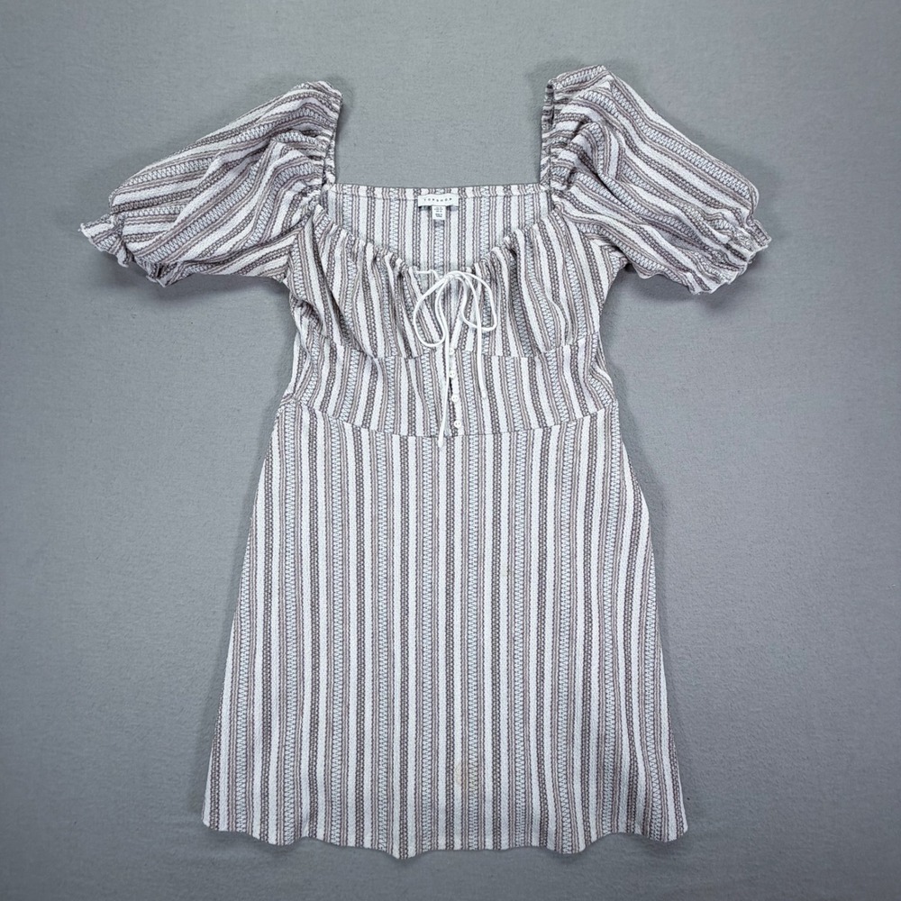 Topshop Mini Dress Womens Size 12 White Striped Good Puff Sleeve Tie Front